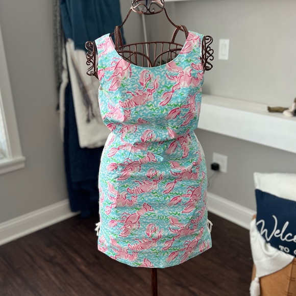 Lilly Pulitzer Pink & Turquoise Lace Up Dress with Lobster Print Women’s Size 4 - Picture 2 of 12